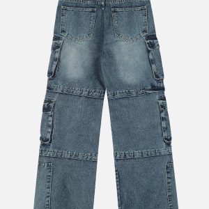 Y2K Multi Pocket Washed Jeans for Trendy Grunge Aesthetic Outfits and Casual Style