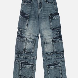 Y2K Multi Pocket Washed Jeans for Trendy Grunge Aesthetic Outfits and Casual Style