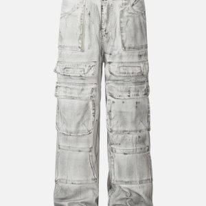 Y2K Multi Pocket Washed Jeans for Trendy Grunge Aesthetic Outfits and Casual Style