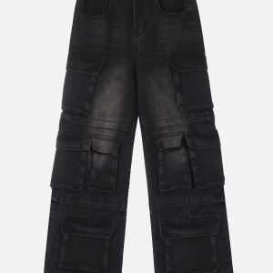 Y2K Multi Pocket Washed Jeans for Trendy Grunge Aesthetic Outfits and Casual Style