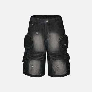 Y2K Multi Pocket Washed Jorts for Trendy Grunge Aesthetic Outfits and Casual Style