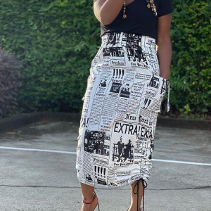 Y2K Newspaper Letter Print Cargo Skirt - Trendy Coquette Aesthetic Fashion Piece