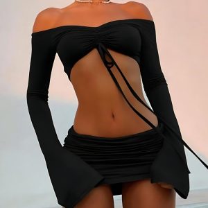 Y2K Off Shoulder Crop Top & Mini Skirt Set - Trendy Coquette Aesthetic Outfit