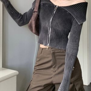 Y2K Off-Shoulder Zip-Up Top for Trendy Coquette Aesthetic Outfits and Y2K Fashion