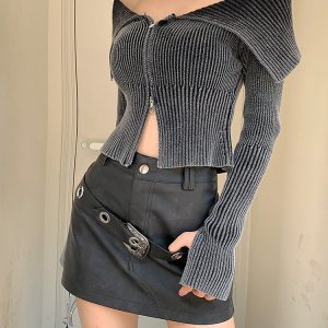 Y2K Off-Shoulder Zip-Up Top for Trendy Coquette Aesthetic Outfits and Y2K Fashion