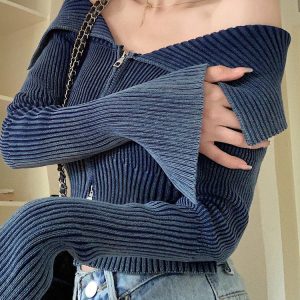 Y2K Off-Shoulder Zip-Up Top for Trendy Coquette Aesthetic Outfits and Y2K Fashion