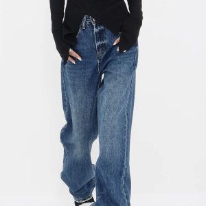 Y2K Patch Pocket Straight Leg Denim Jeans for Trendy Grunge and Coquette Aesthetic Looks