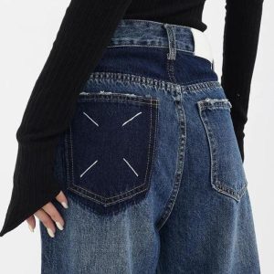 Y2K Patch Pocket Straight Leg Denim Jeans for Trendy Grunge and Coquette Aesthetic Looks