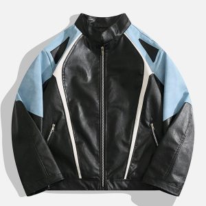 Y2K Patchwork Moto Racer Jacket - Edgy Grunge Style for Aesthetic Outfits