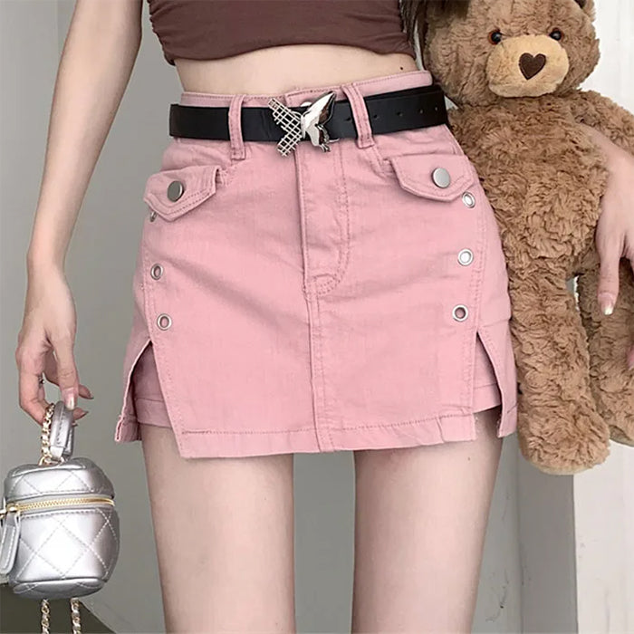 Y2K Pink Denim Skort with Butterfly Belt - Cute Coquette Aesthetic Fashion Piece