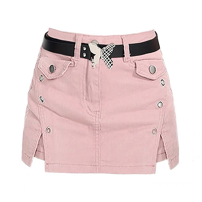 Y2K Pink Denim Skort with Butterfly Belt - Cute Coquette Aesthetic Fashion Piece