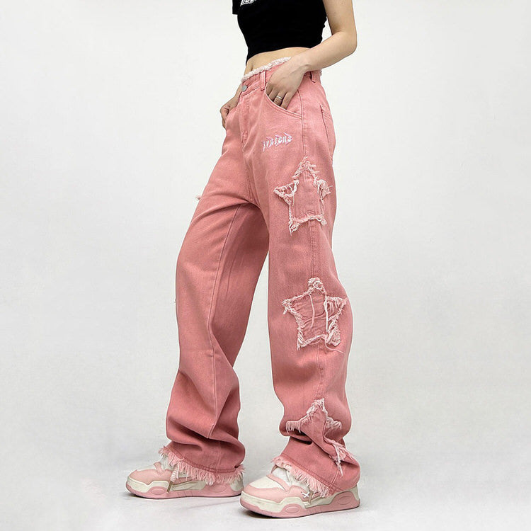 Y2K Pink Star Jeans: Trendy Y2K Aesthetic Denim for a Cute and Stylish Look