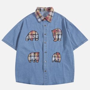 Y2K Plaid Denim Short Sleeve Shirt - Trendy Grunge Aesthetic Top for Stylish Outfits