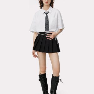 Y2K Plaid Tie Short Sleeve Shirt - Trendy Coquette Aesthetic Top for Stylish Outfits