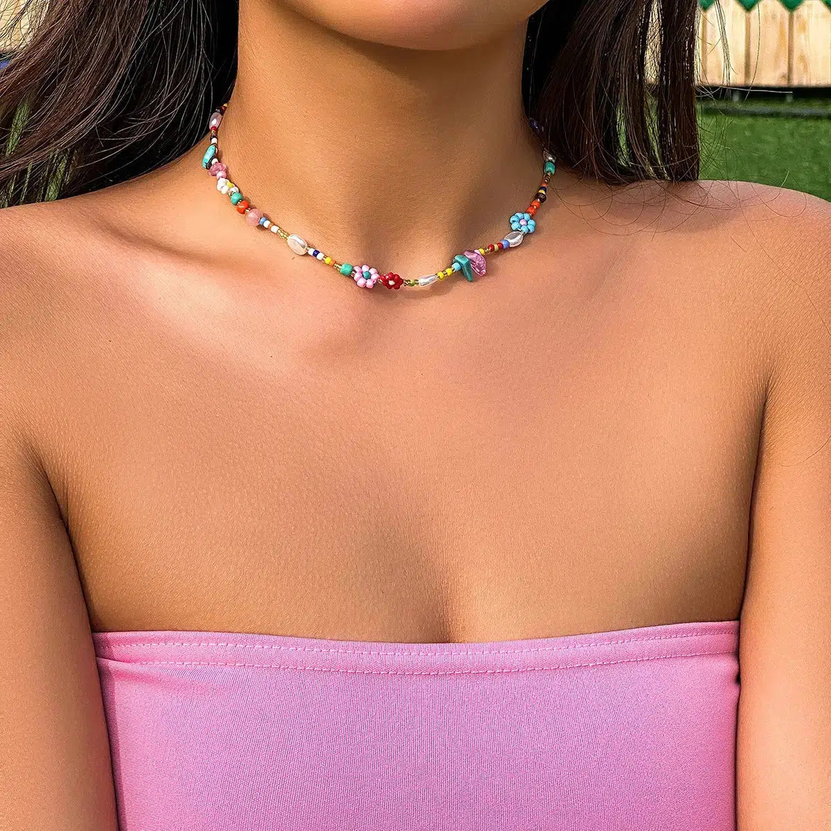 Y2K Rainbow Beaded Necklace - Cute Coquette Aesthetic Jewelry for Colorful Outfits