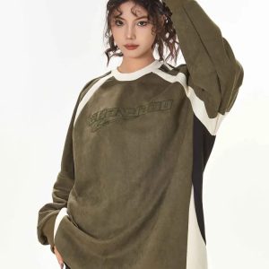 Y2K Retro Embroidery Patchwork Sweatshirt - Vintage Aesthetic Cozy Top for Trendy Outfits