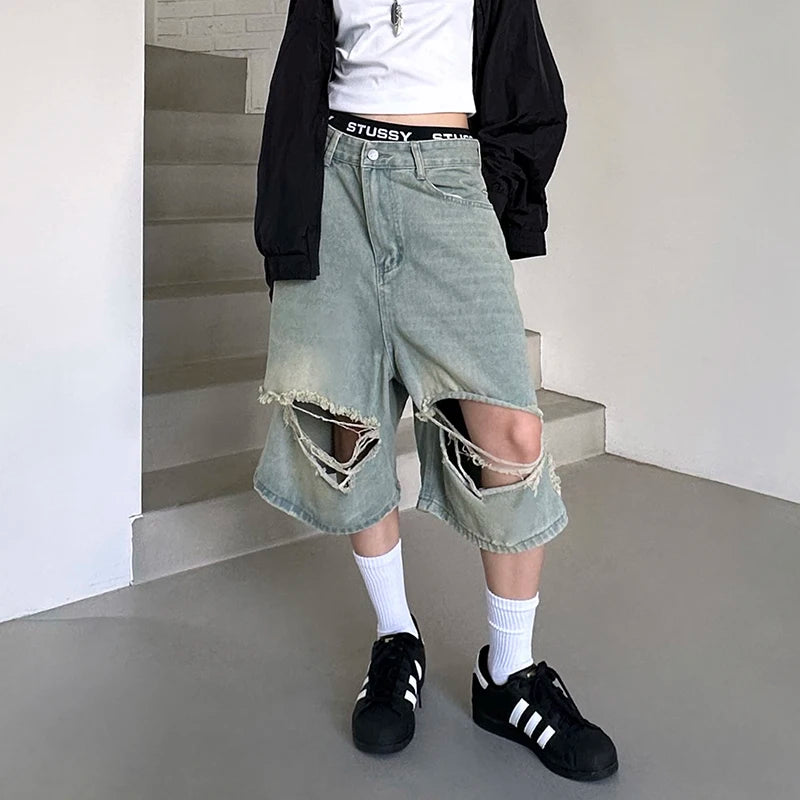 Y2K Ripped Baggy Jorts for Trendy Grunge Aesthetic Outfits and Vintage Vibes