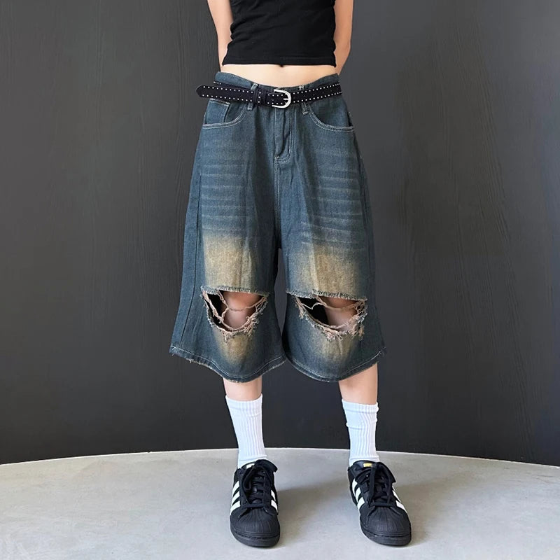 Y2K Ripped Baggy Jorts for Trendy Grunge Aesthetic Outfits and Vintage Vibes