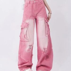 Y2K Ripped Multi Pocket Cargo Jeans for Trendy Grunge and Coquette Aesthetic Outfits