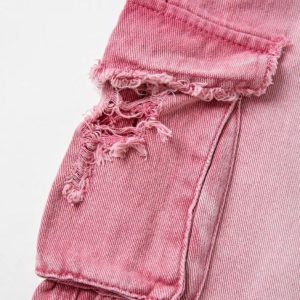 Y2K Ripped Multi Pocket Cargo Jeans for Trendy Grunge and Coquette Aesthetic Outfits