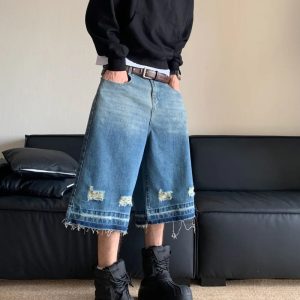 Y2K Ripped Washed Denim Jorts for Trendy Grunge Aesthetic Outfits and Casual Looks