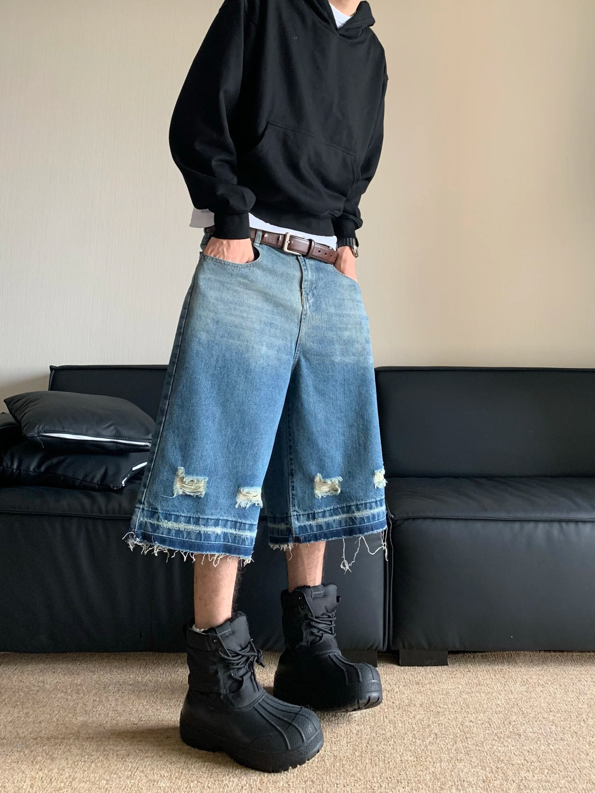 Y2K Ripped Washed Denim Jorts for Trendy Grunge Aesthetic Outfits and Casual Looks