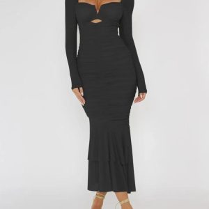 Y2K Ruched Bodycon Midi Dress - Chic Coquette Aesthetic for Effortless Style