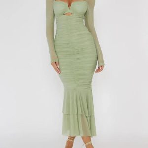 Y2K Ruched Bodycon Midi Dress - Chic Coquette Aesthetic for Effortless Style