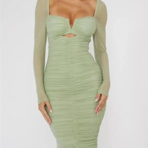 Y2K Ruched Bodycon Midi Dress - Chic Coquette Aesthetic for Effortless Style