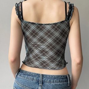 Y2K Ruffled-Trim Plaid Mesh Tank Top - Trendy See-Through Aesthetic for Stylish Outfits