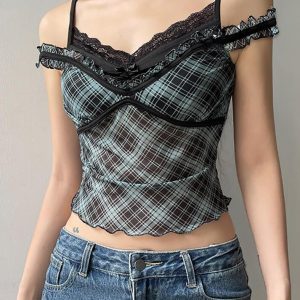 Y2K Ruffled-Trim Plaid Mesh Tank Top - Trendy See-Through Aesthetic for Stylish Outfits