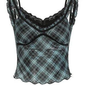 Y2K Ruffled-Trim Plaid Mesh Tank Top - Trendy See-Through Aesthetic for Stylish Outfits