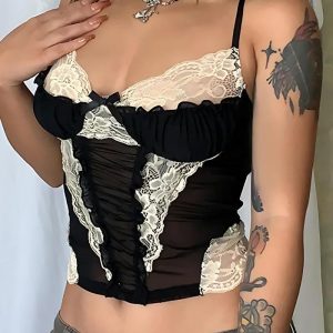 Y2K Sheer Lace Cropped Top for Coquette Aesthetic and Grunge Style Outfits