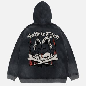 Y2K Skeleton Cat Print Washed Hoodie - Cute Grunge Aesthetic for Cozy Outfits