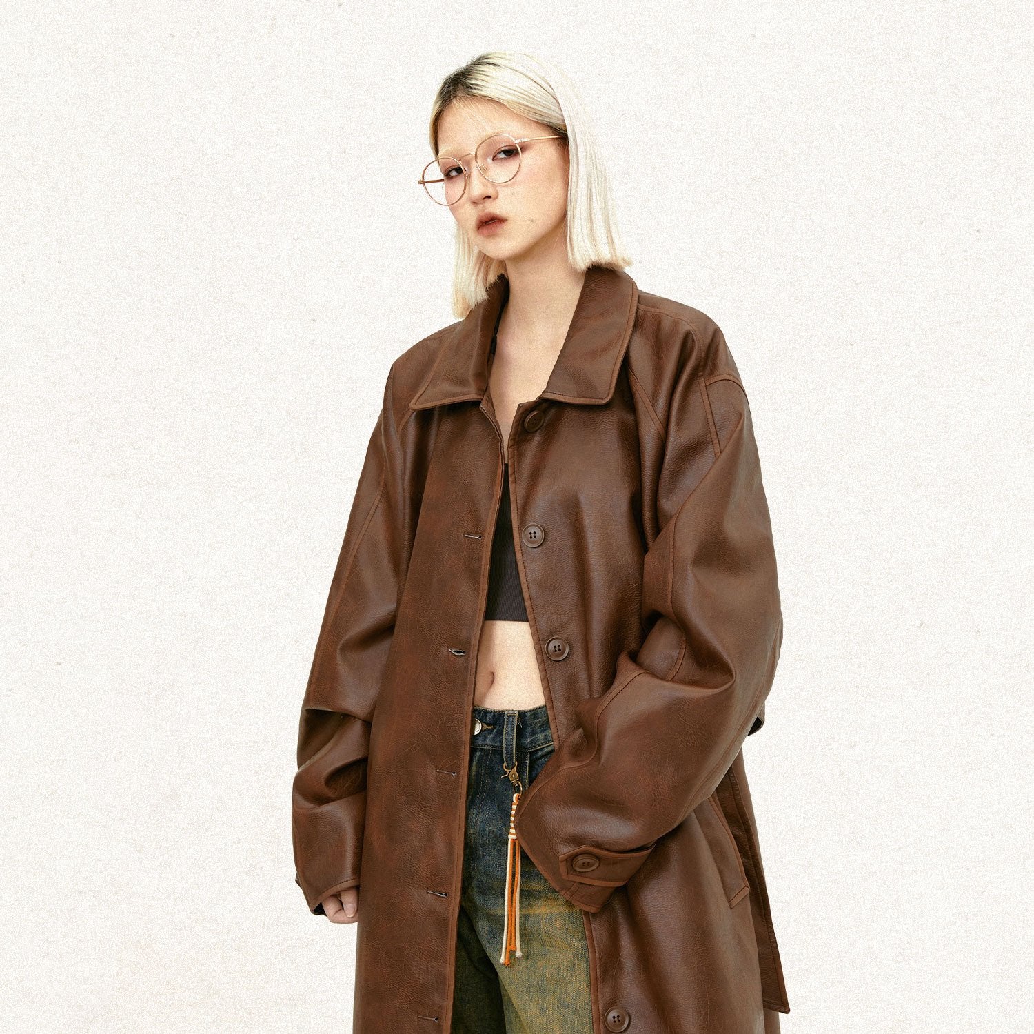 Y2K Solid Color Leather Coat - Trendy Grunge Aesthetic Outerwear for Stylish Looks