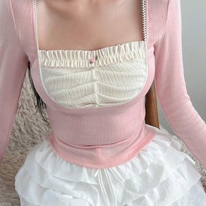 Y2K Square Neck Ruffle Patchwork Long Sleeve Top - Cute Aesthetic Fashion Essential