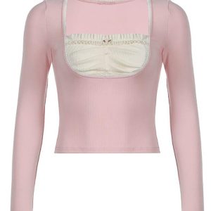 Y2K Square Neck Ruffle Patchwork Long Sleeve Top - Cute Aesthetic Fashion Essential