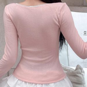 Y2K Square Neck Ruffle Patchwork Long Sleeve Top - Cute Aesthetic Fashion Essential