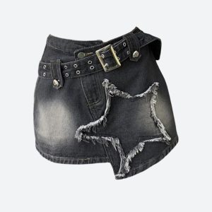 Y2K Star Asymmetric Denim Mini Skirt - Trendy Grunge Aesthetic for Stylish Outfits