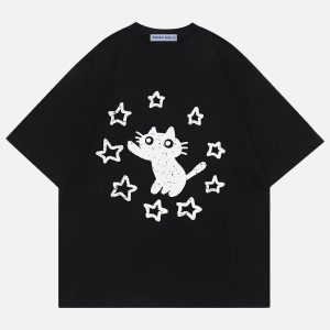 Y2K Star Cat Print Tee - Cute Aesthetic Top for Coquette and Grunge Styles