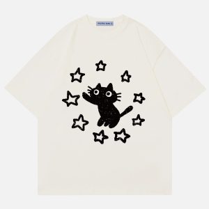 Y2K Star Cat Print Tee - Cute Aesthetic Top for Coquette and Grunge Styles