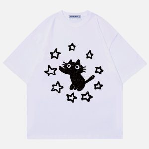 Y2K Star Cat Print Tee - Cute Aesthetic Top for Coquette and Grunge Styles