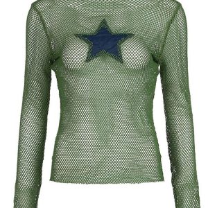 Y2K Star Cutout Mesh Long Sleeve Top - Trendy Grunge Aesthetic for Stylish Outfits