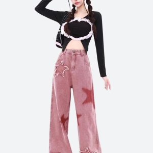 Y2K Star Denim Jeans: Trendy Y2K Style with a Touch of Grunge Aesthetic and Retro Charm