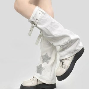 Y2K Star Patch Belted Leg Warmers for Trendy Coquette and Grunge Aesthetic Outfits