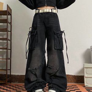 Y2K Star Patch Cargo Jeans for Trendy Aesthetic Outfits and Grunge Style Looks