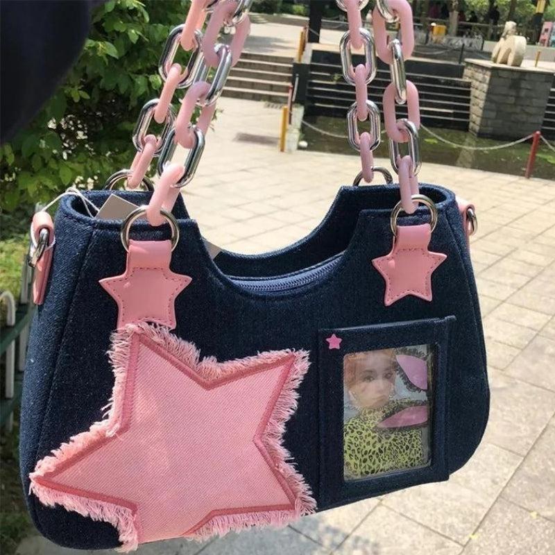 Y2K Star Transparent Denim Bag - Trendy Y2K Aesthetic Accessory for Stylish Outfits