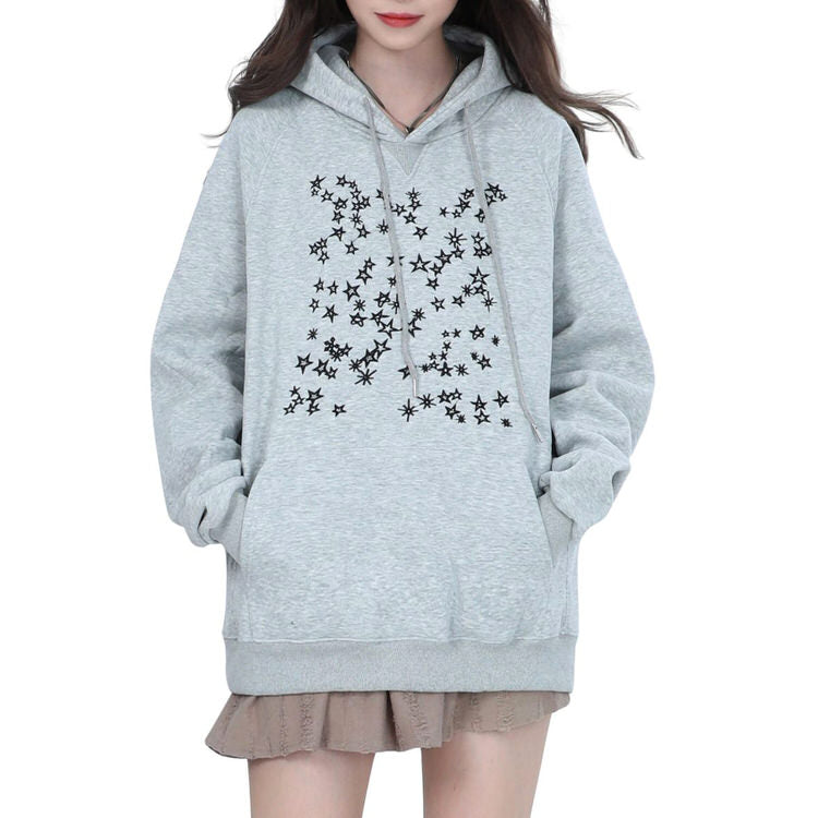 Y2K Stars Embroidery Hoodie - Cute Aesthetic Pullover for Coquette and Grunge Styles