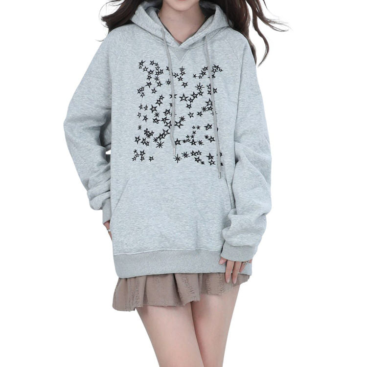 Y2K Stars Embroidery Hoodie - Cute Aesthetic Pullover for Coquette and Grunge Styles