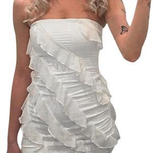 Y2K Strapless Ruffle Dress with Low-Cut Neckline for a Chic Coquette Aesthetic